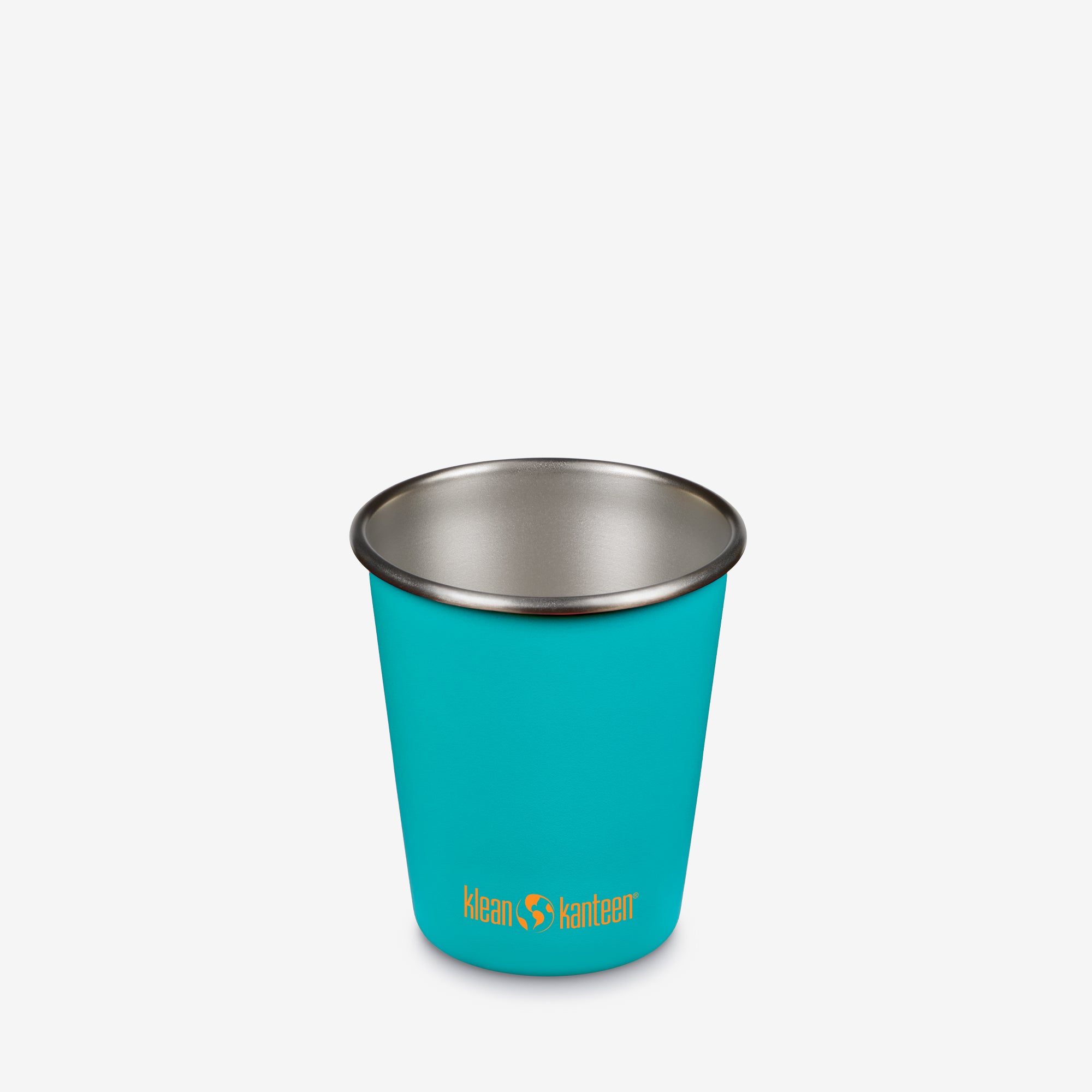 Turquoise metal cup with a logo on a white background
