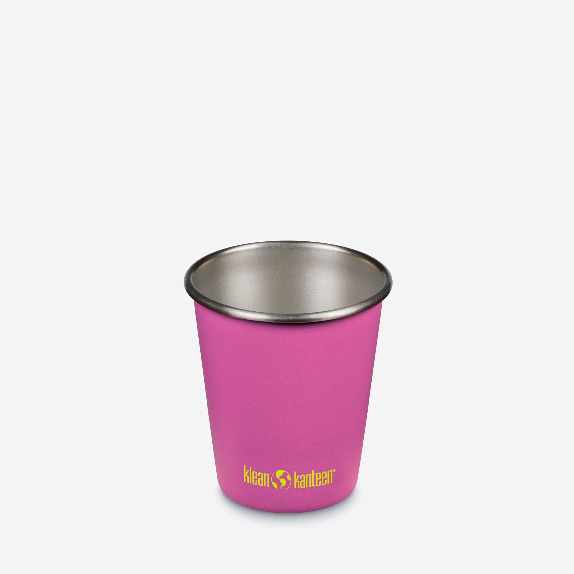 Pink stainless steel cup with Klean Kanteen logo on a white background