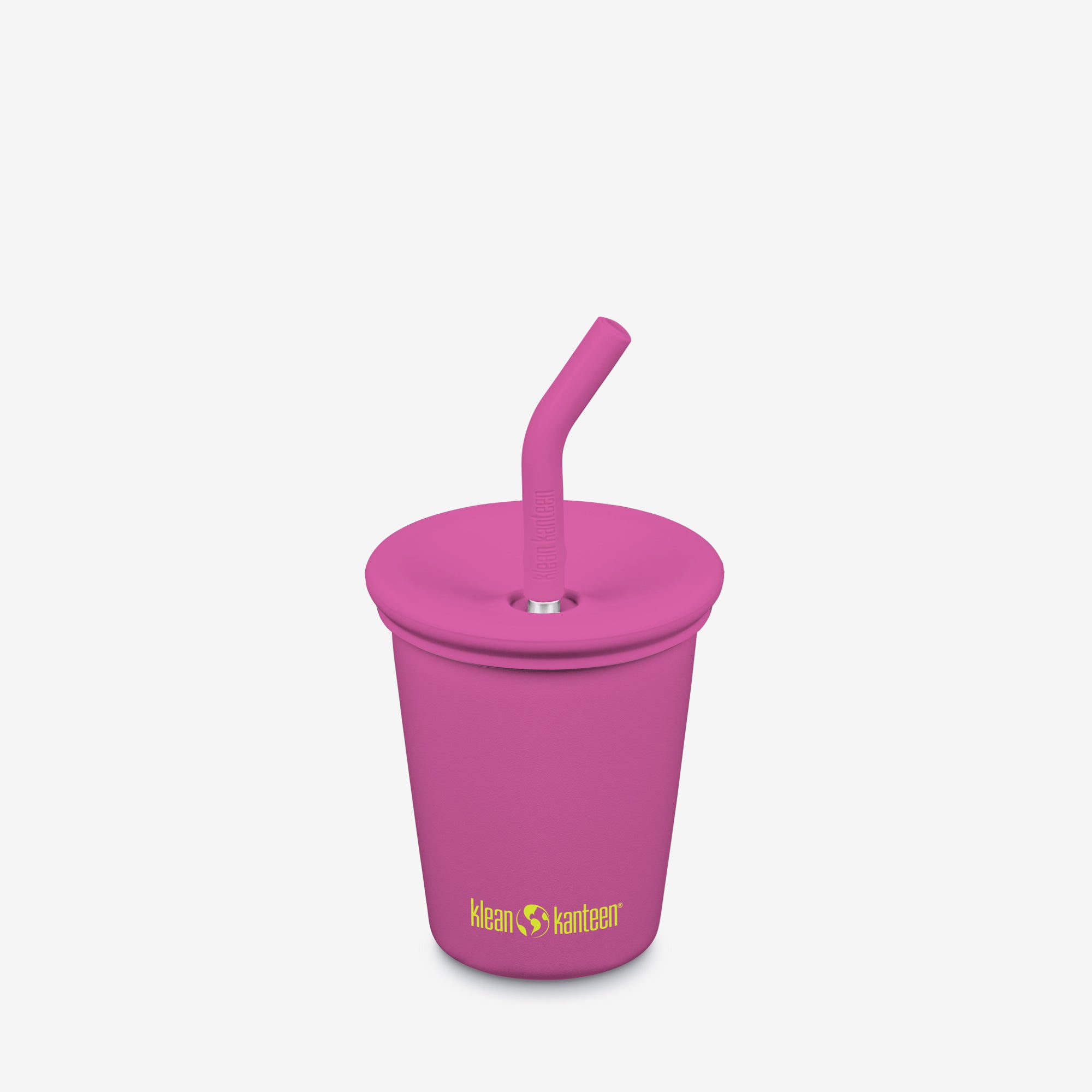 Pink Klean Kanteen tumbler with straw on a light gray background