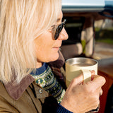 Woman drinking from yellow coffee mug