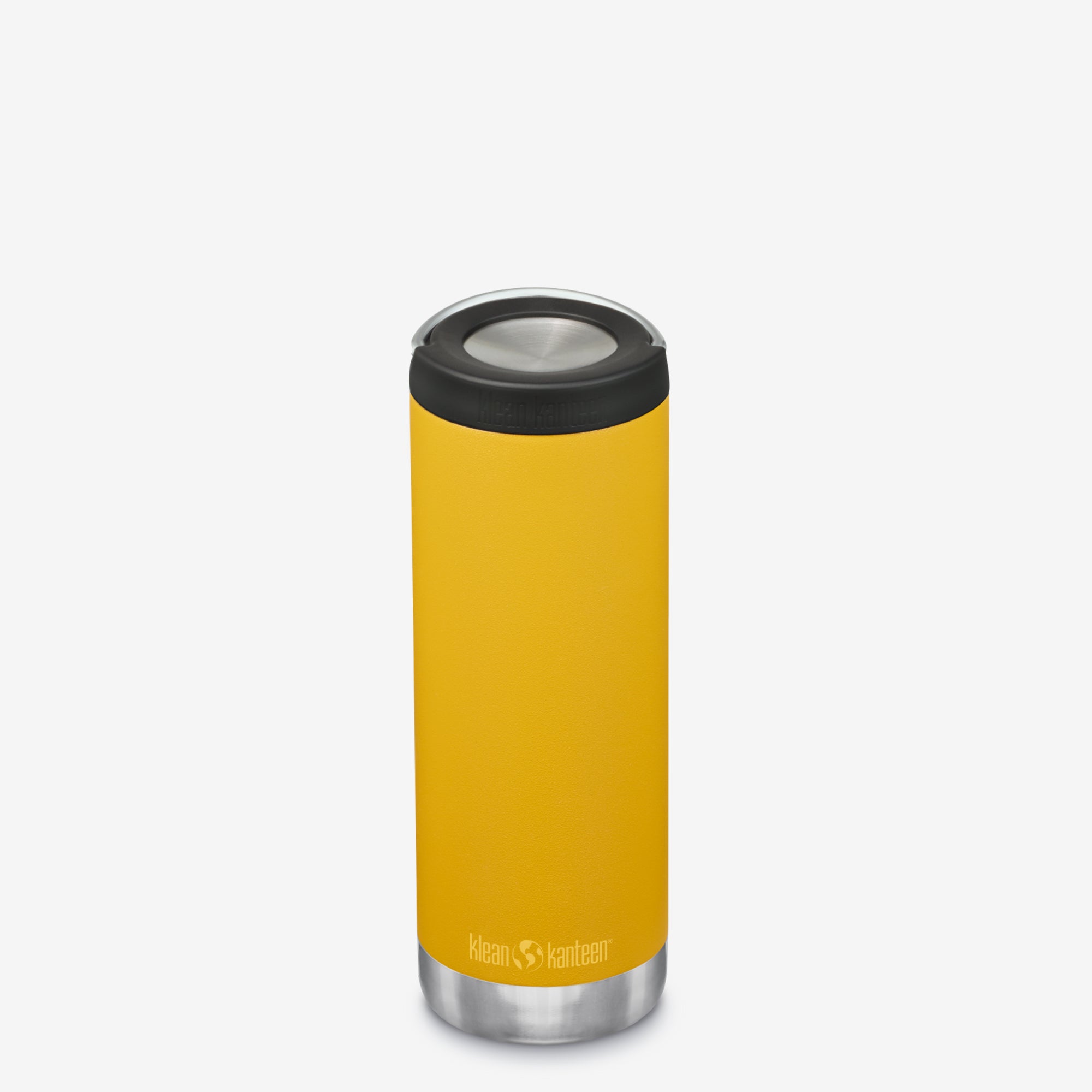 Yellow insulated mug with black lid on a white background