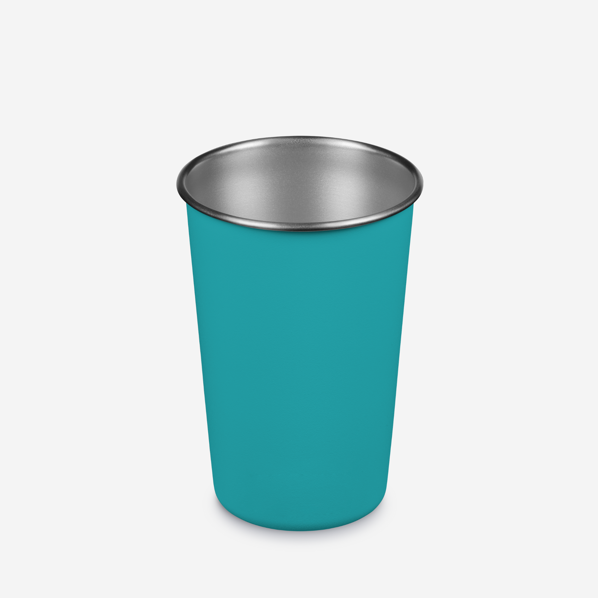 Teal cup with silver rim on a white background
