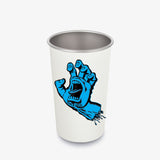 White pint cup with 'Santa Cruz' screaming hand design graphic