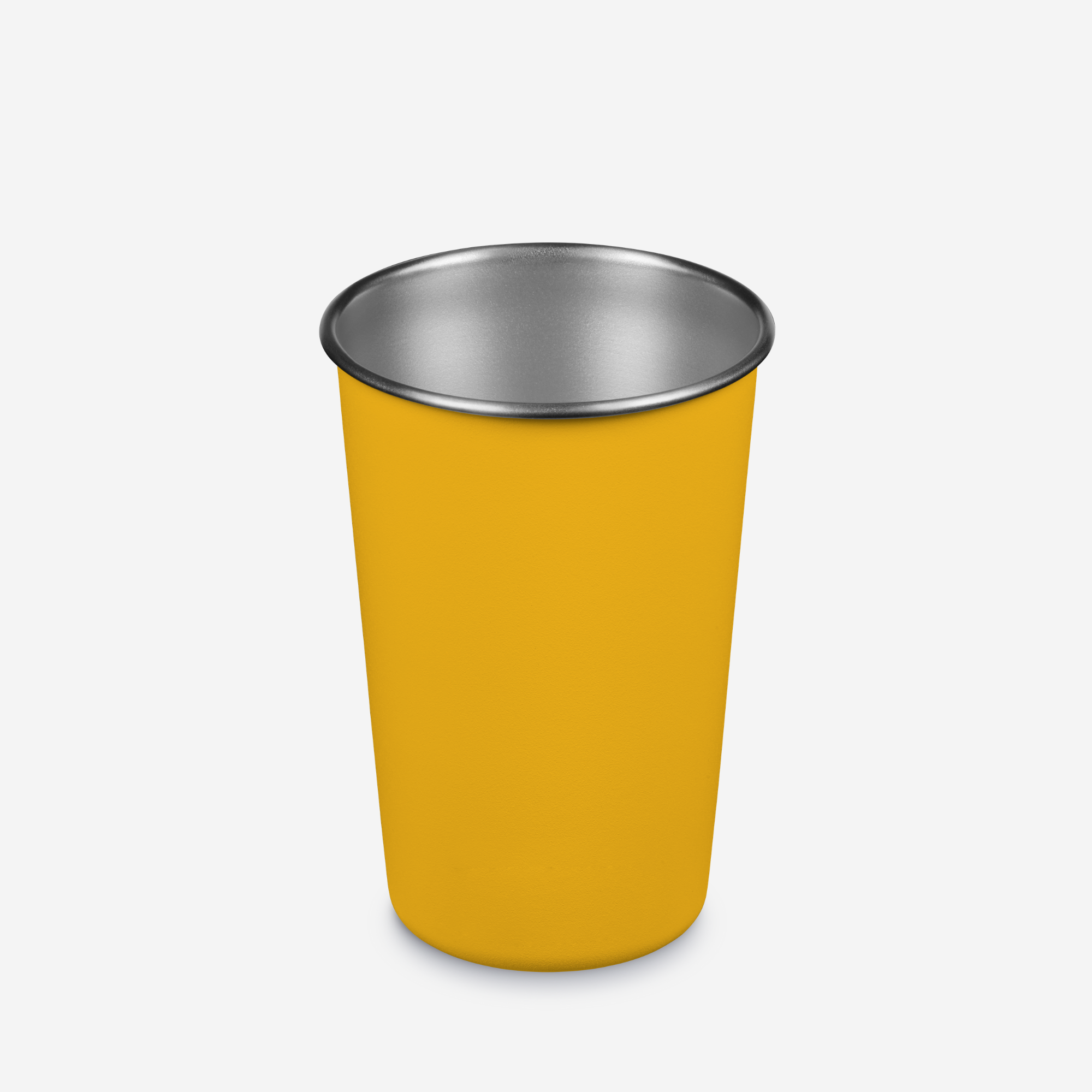 Yellow cup with a silver rim on a white background