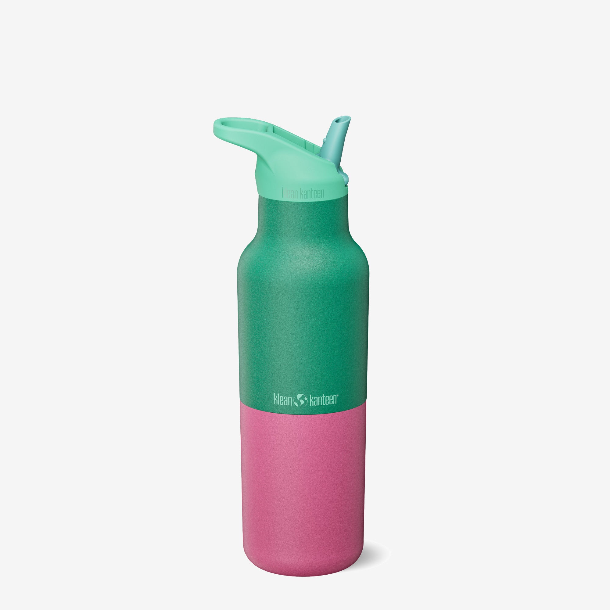 Two-toned green and pink water bottle with a straw lid on a white background