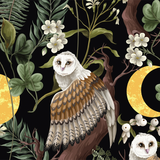 Illustration of an owl with floral and leaf patterns on a dark background