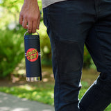 Person holding a black tumbler with a Santa Cruz logo.