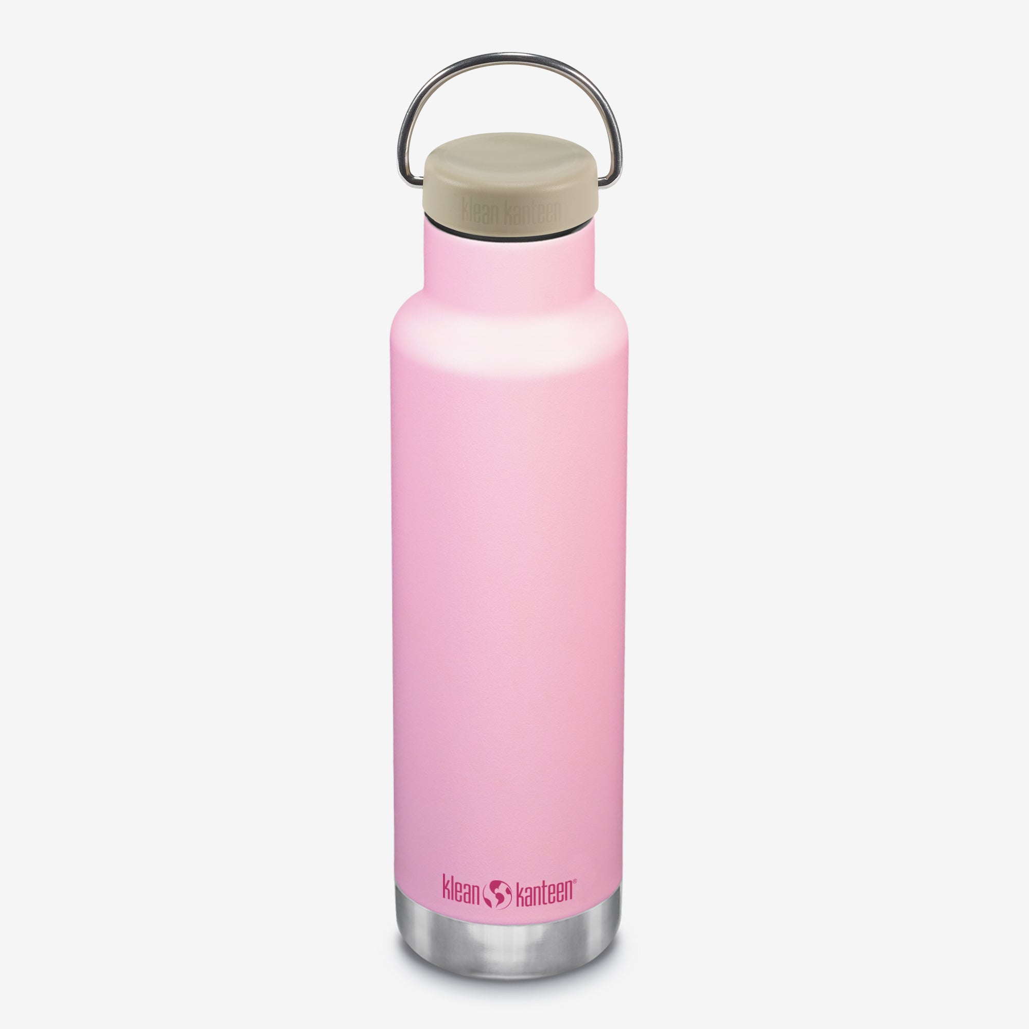 Pink insulated bottle with silver cap on a white background