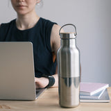 Person using a laptop with a silver water bottle on a desk