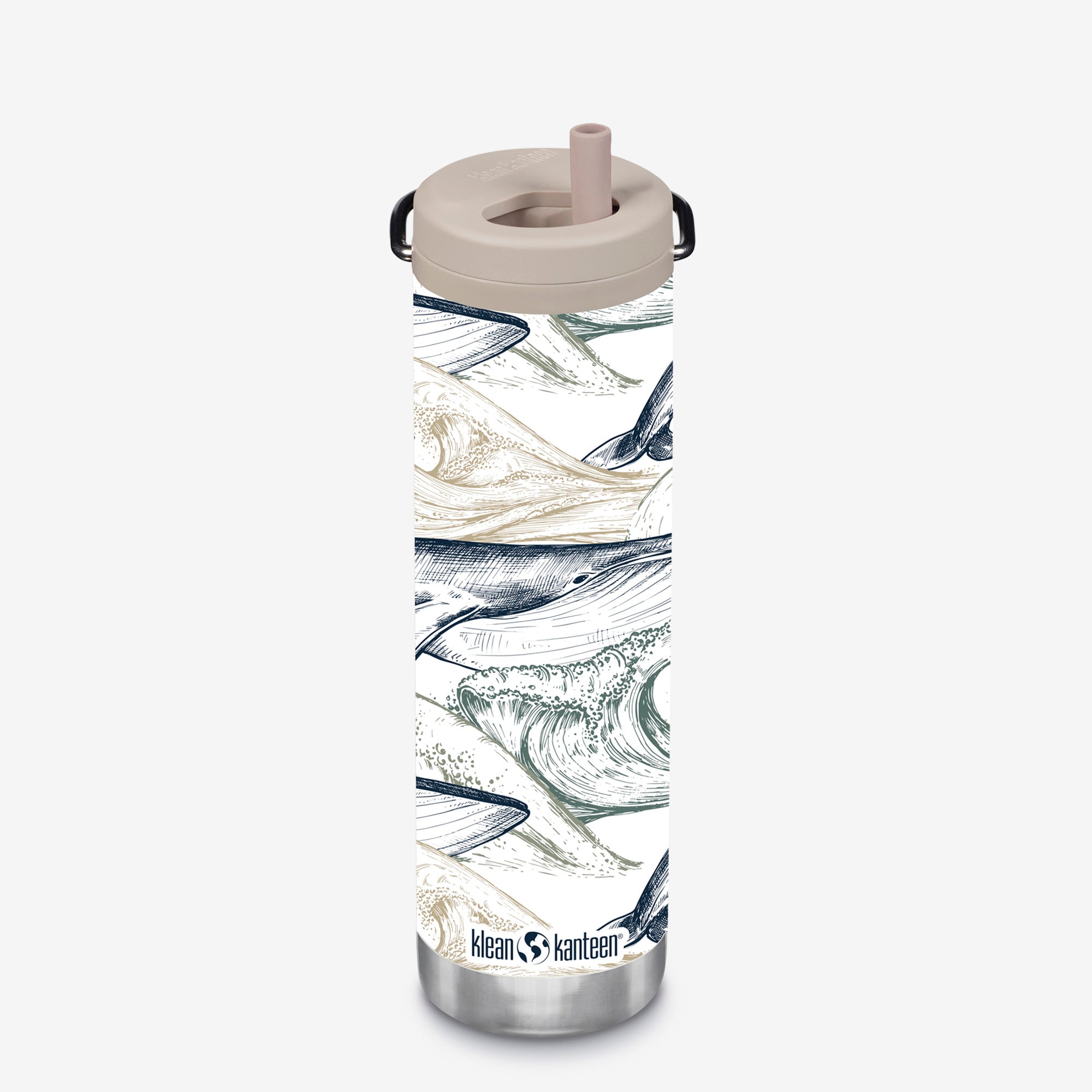 Water bottle with whale design and Klean Kanteen logo on a white background