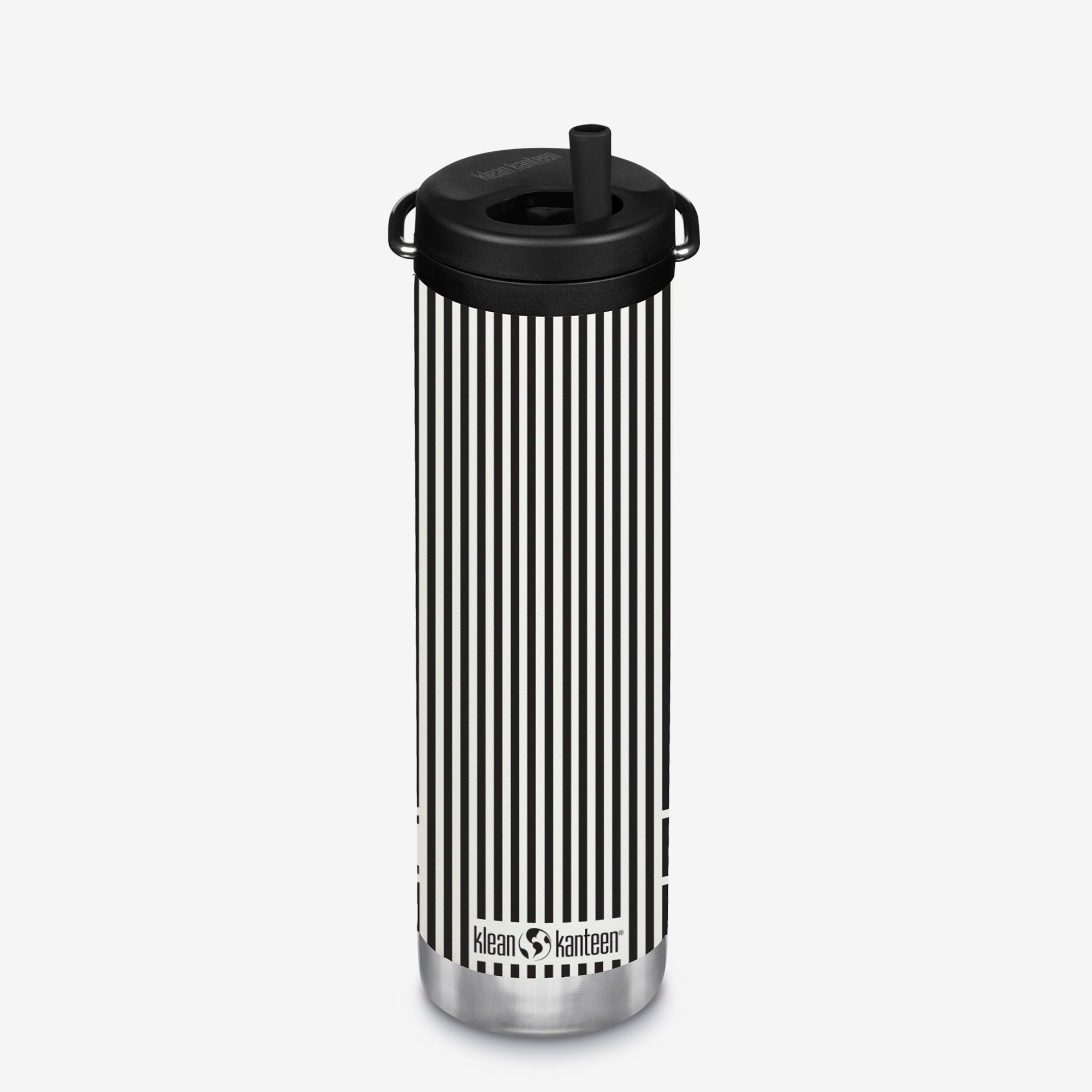 Black and white striped Klean Kanteen water bottle on a white background