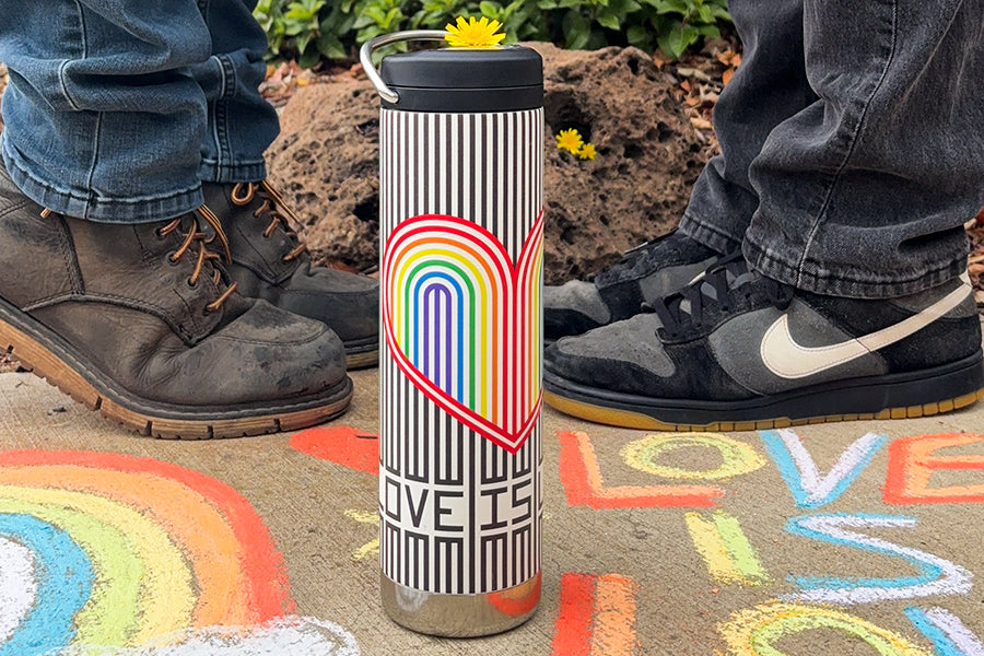 Rainbow hearts water bottle design with feed and love is love in chalk