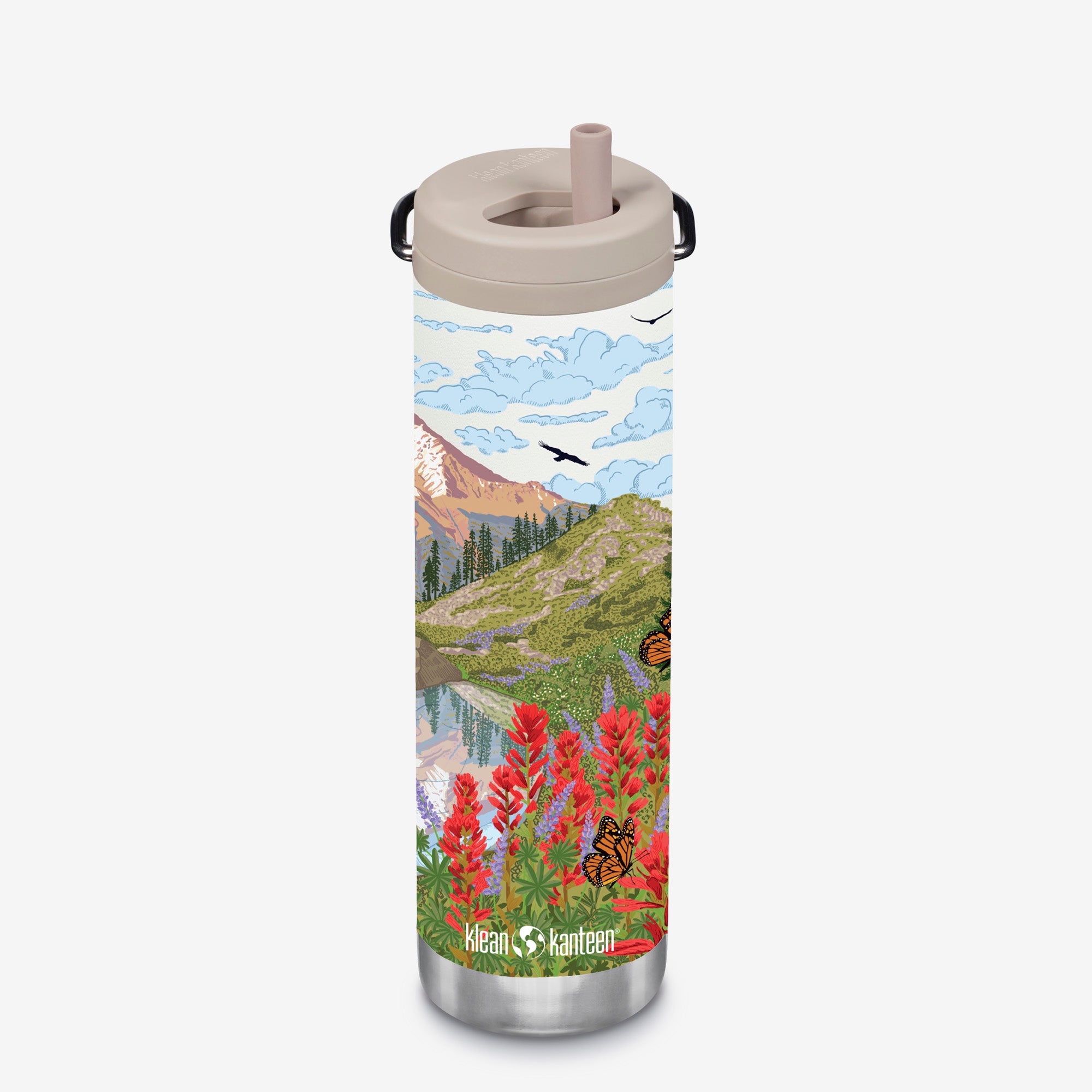 Klean Kanteen water bottle with nature-themed design on a white background