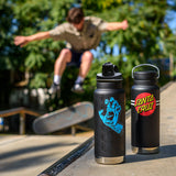 Two black water bottleswith Santa Cruz graphics and logo, and a person skateboarding in background