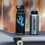 Two water bottles on a skateboard with Santa Cruz graphics