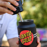 Person using a straw to drink from a black Santa Cruz water bottle
