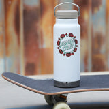 White water bottle with Santa Cruz rose ring graphic on a skateboard