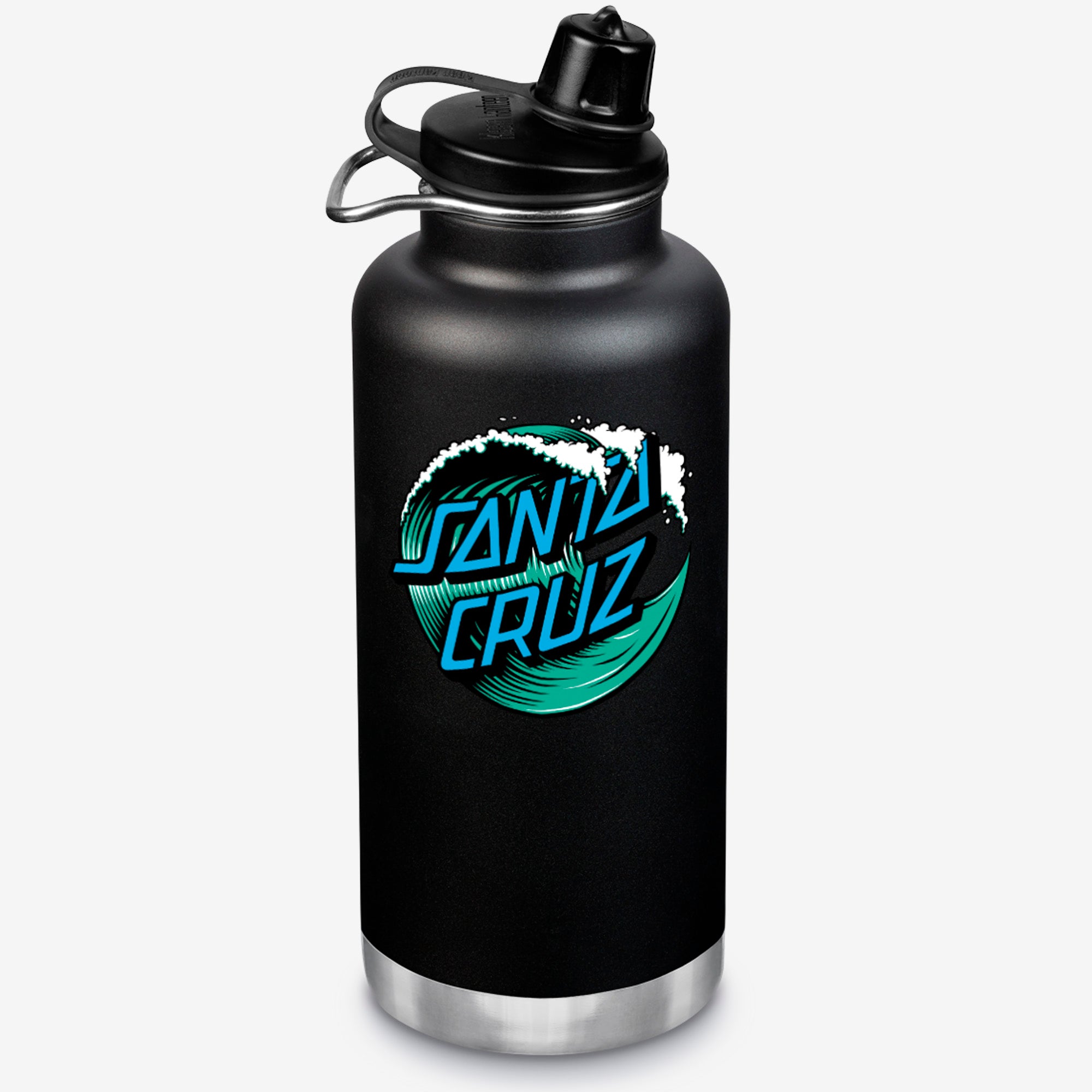 A matte black insulated water bottle with a stainless steel base and a black flip-top lid. The front features a graphic of a turquoise and white wave with the text 'Santa Cruz' in blue and white.
