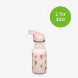 Pink water bottle with ice cream cone pattern on a white background