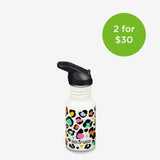 White water bottle with colorful leopard print pattern and black lid on a white background with a green discount label.