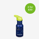 Blue water bottle with green lid on a white background, featuring a promotion for two bottles for $30.