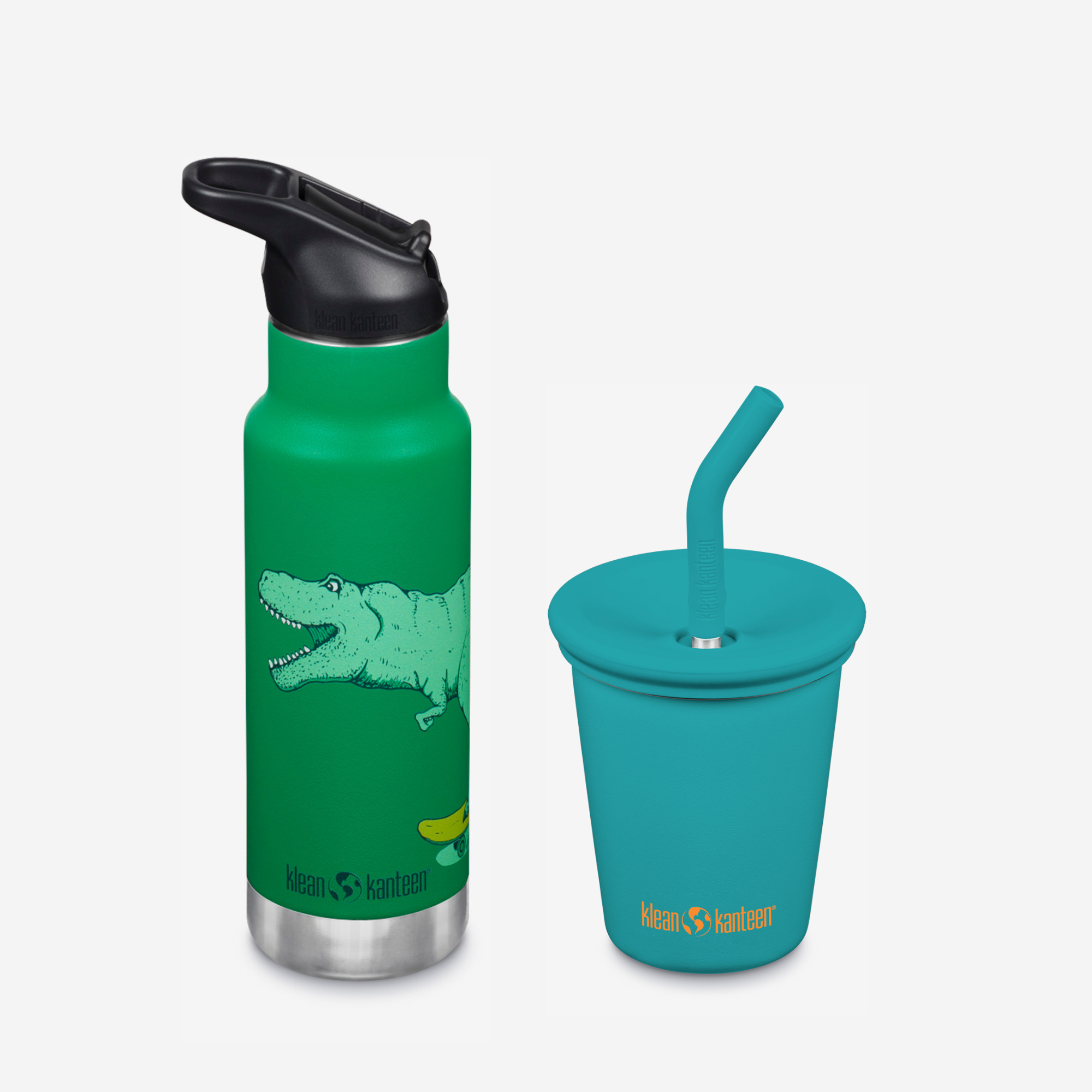 Green water bottle with alligator design and teal cup with straw on a light gray background