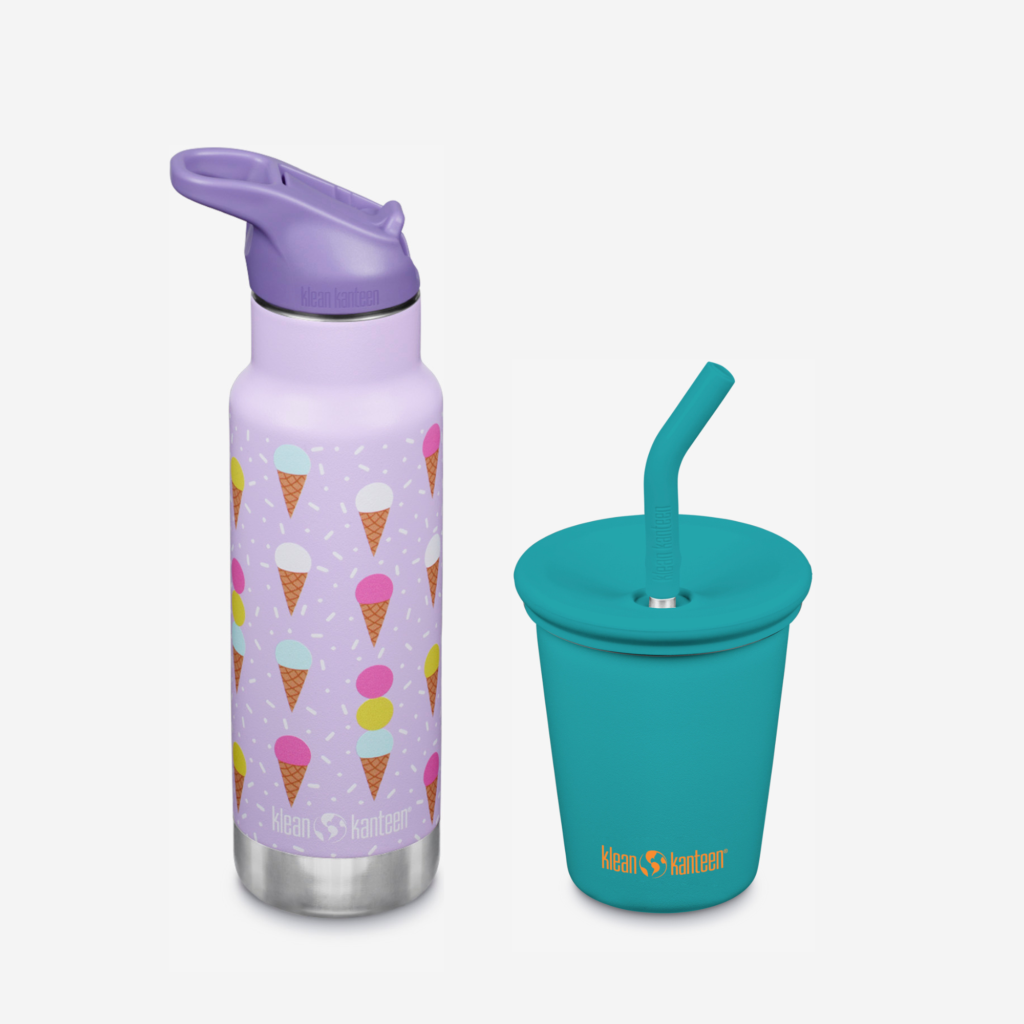 Purple water bottle with ice cream cone pattern and teal cup with straw on a white background