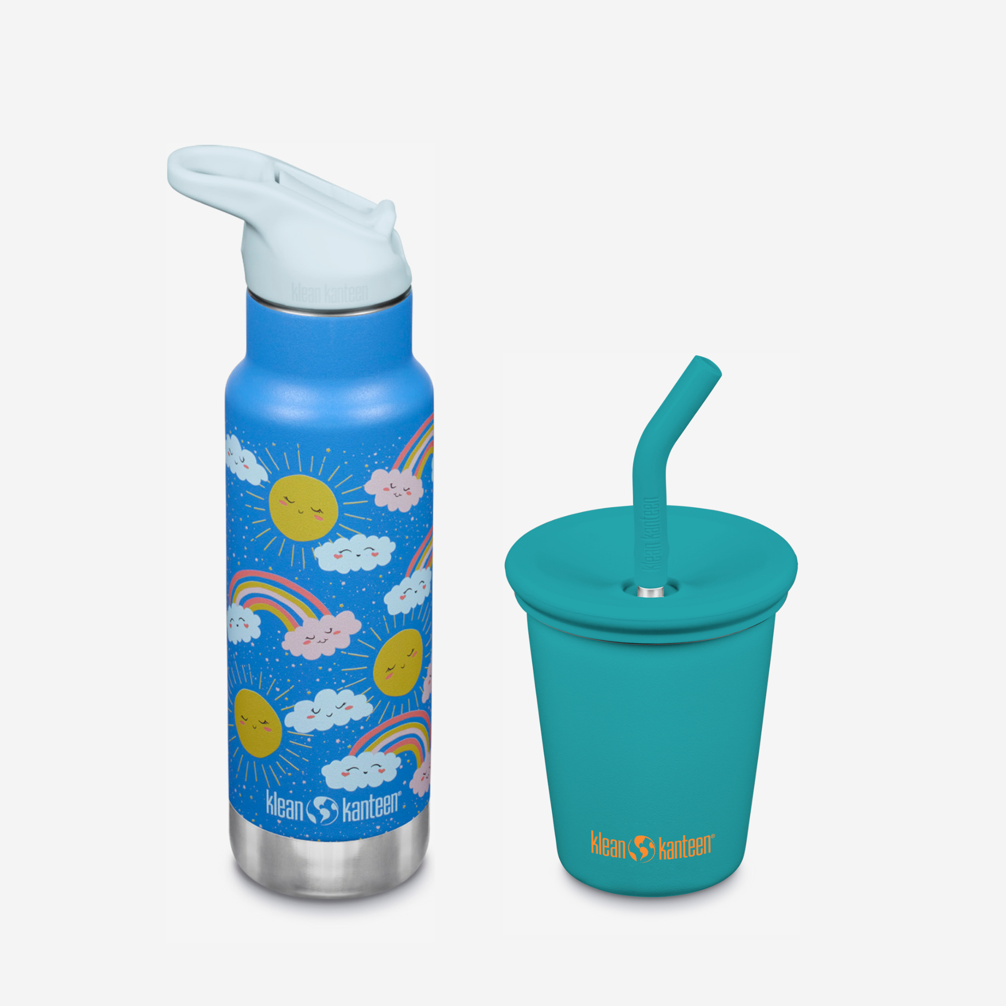 Blue water bottle with rainbow design and teal cup with straw on a white background