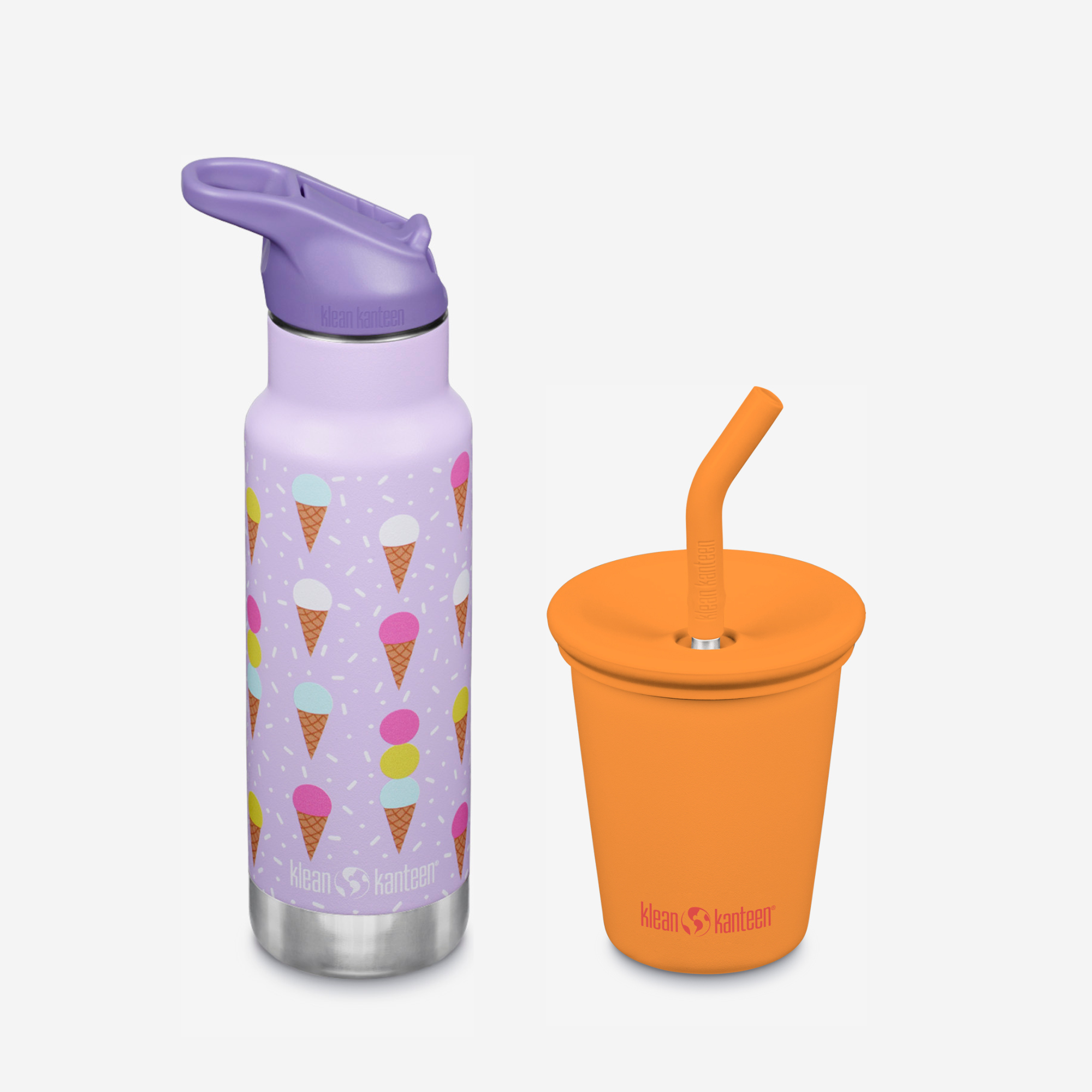 Purple water bottle with ice cream cone pattern and orange cup with straw on a white background
