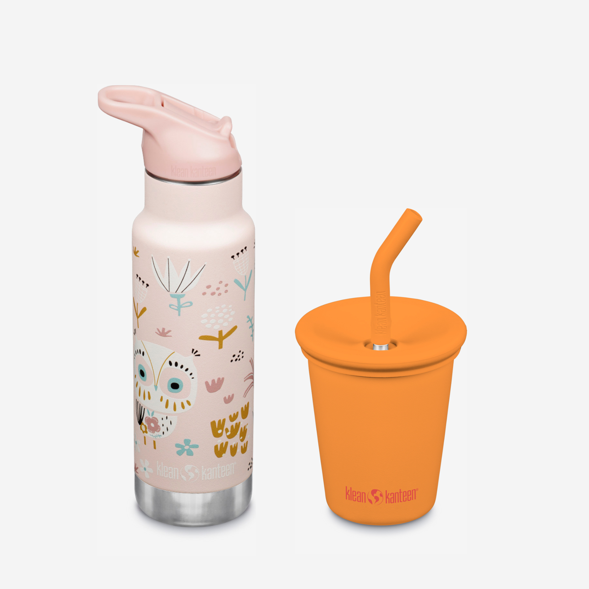 Pink water bottle with animal design and orange cup with straw on a white background