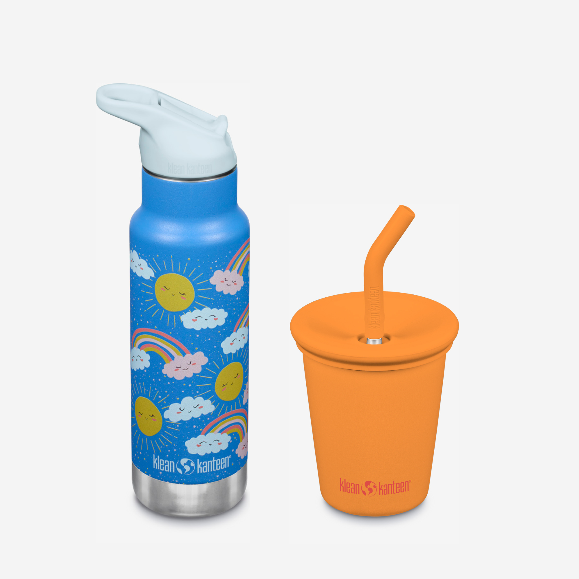 Blue water bottle with cloud and sun design and orange cup with straw on a white background