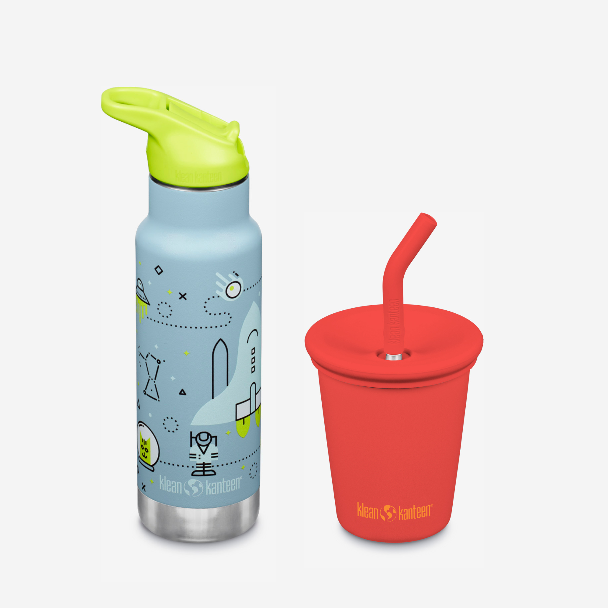 Children's water bottle with green lid and red cup with straw on a white background