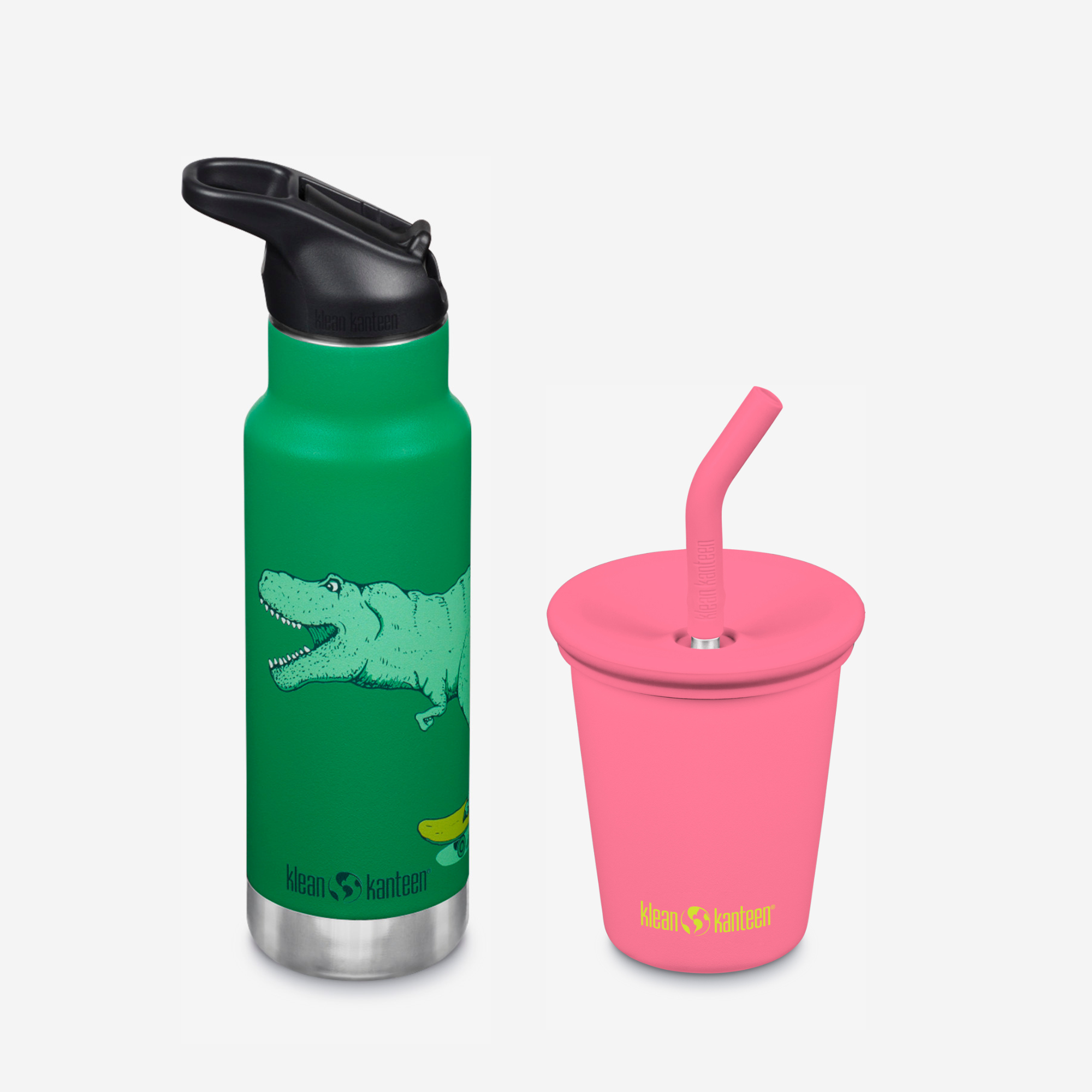Green water bottle with alligator design and pink cup with straw on a white background