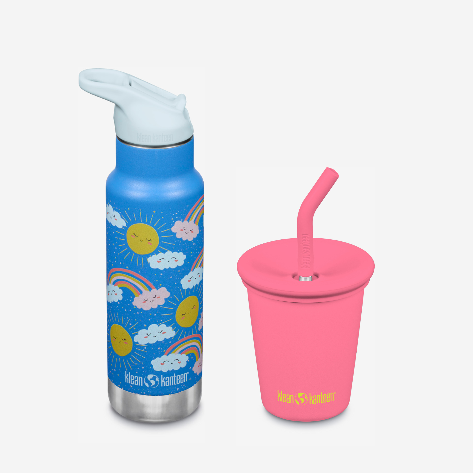 Blue water bottle with rainbow design and pink cup with straw on a white background