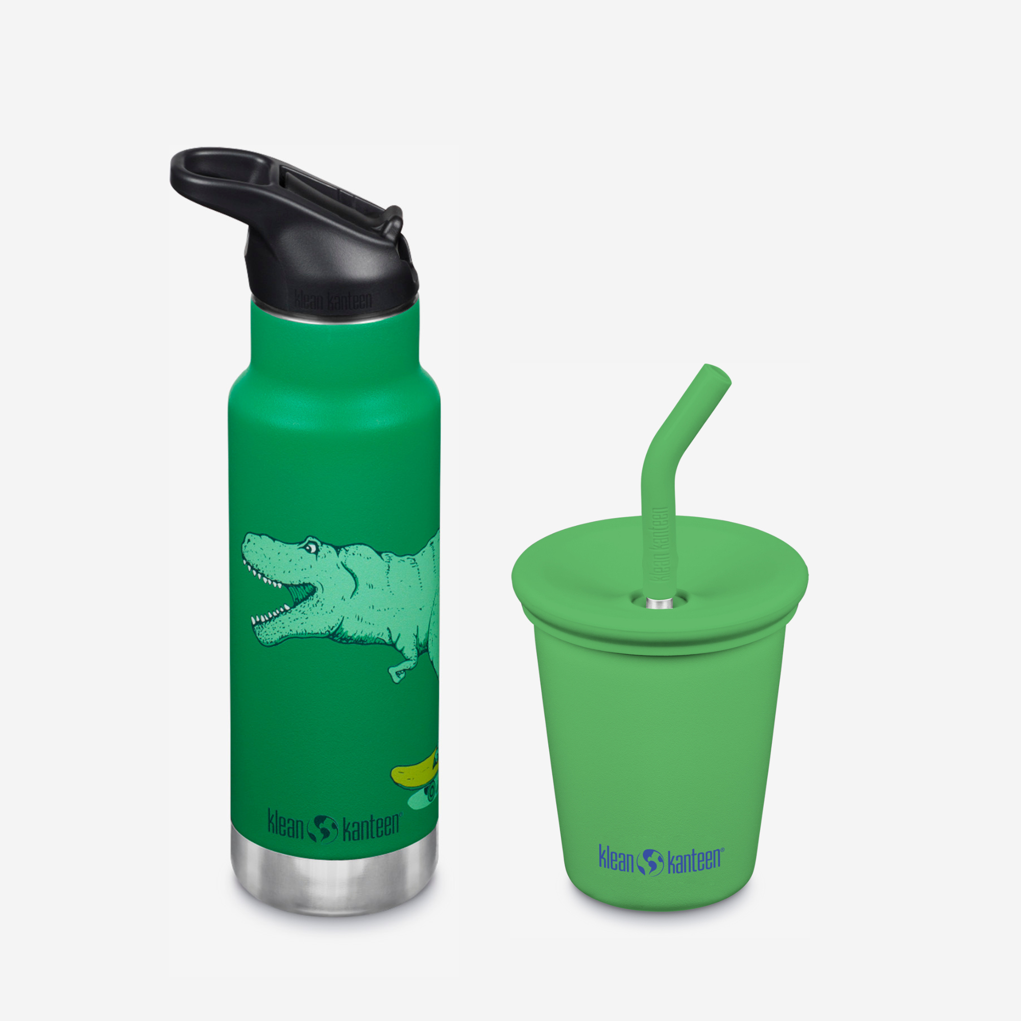 Green water bottle and cup with alligator design on a white background