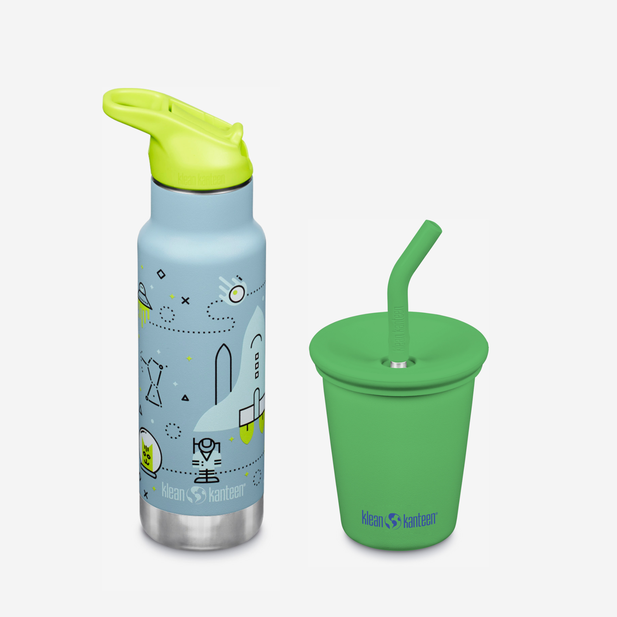Children's water bottle and cup with green lid and straw on a white background