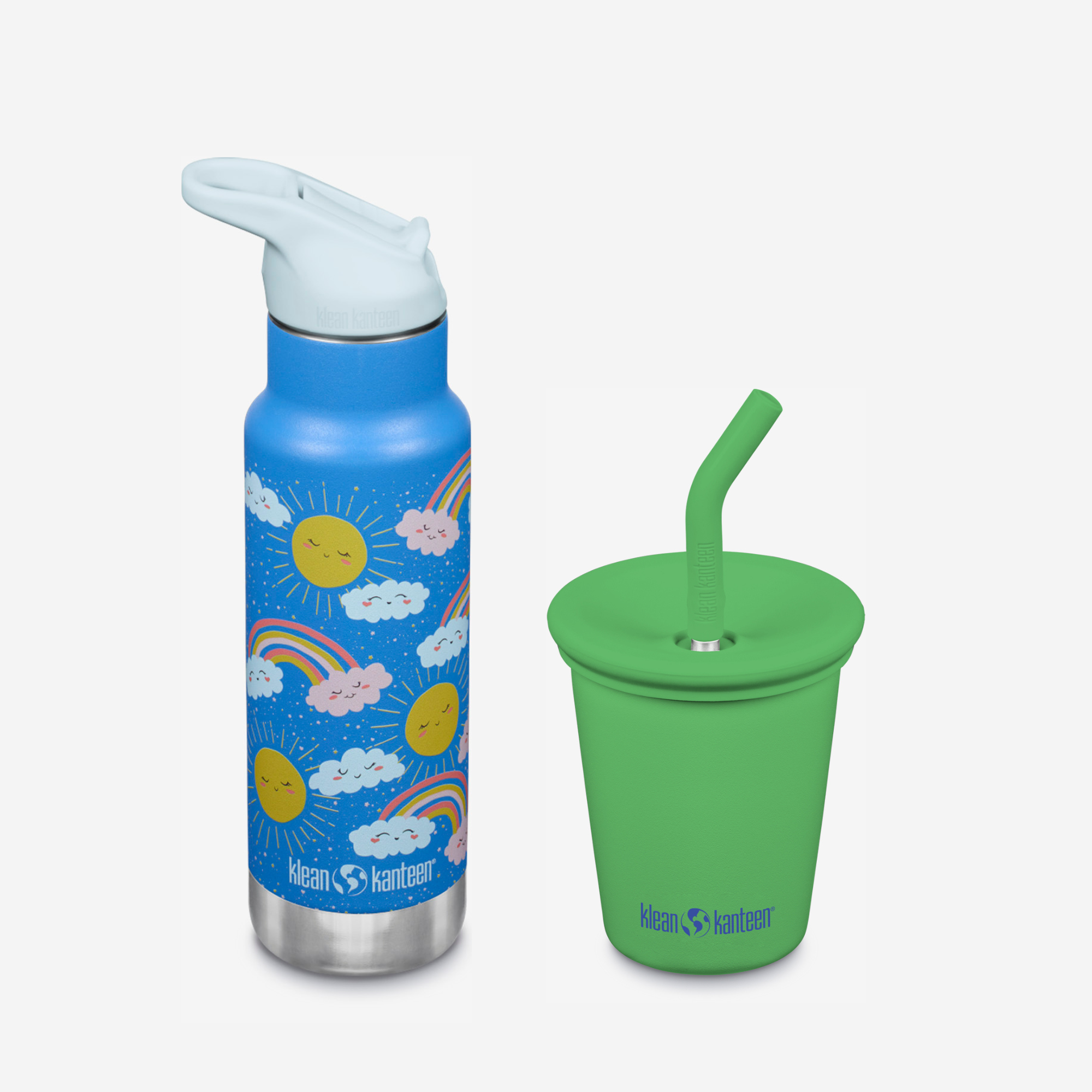 Blue water bottle with weather design and green cup with straw on a white background