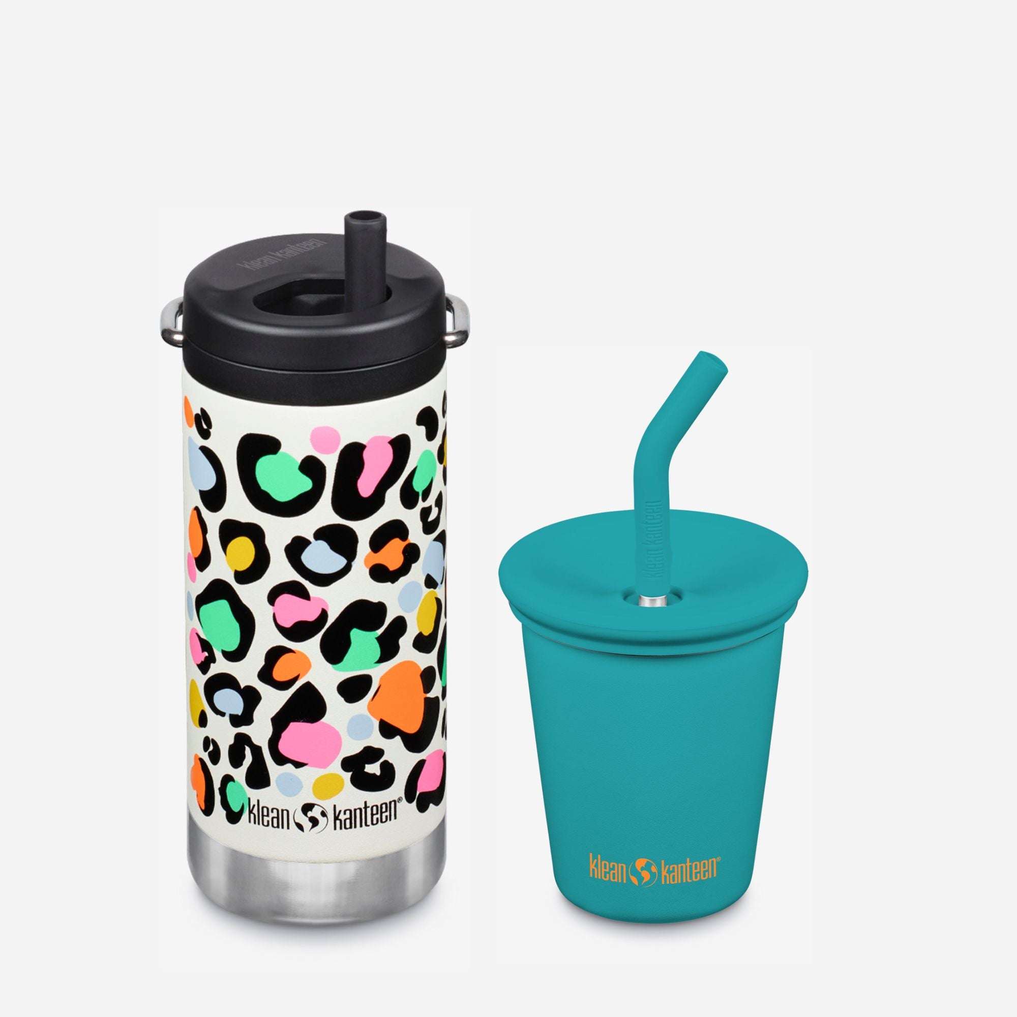 Two reusable cups with colorful leopard print and teal design on a white background