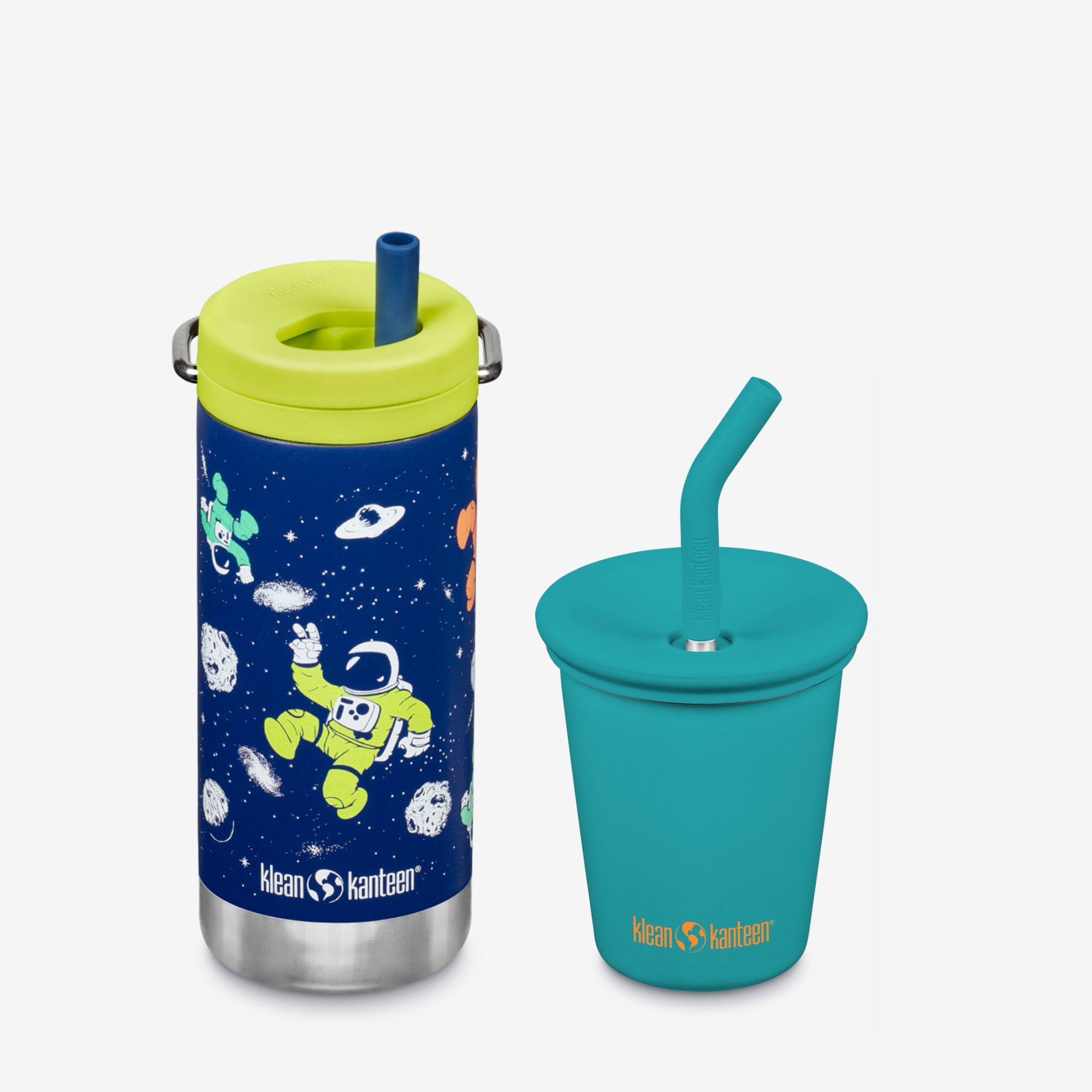 Two children's cups with straws, one blue with a character design and the other teal, on a white background.