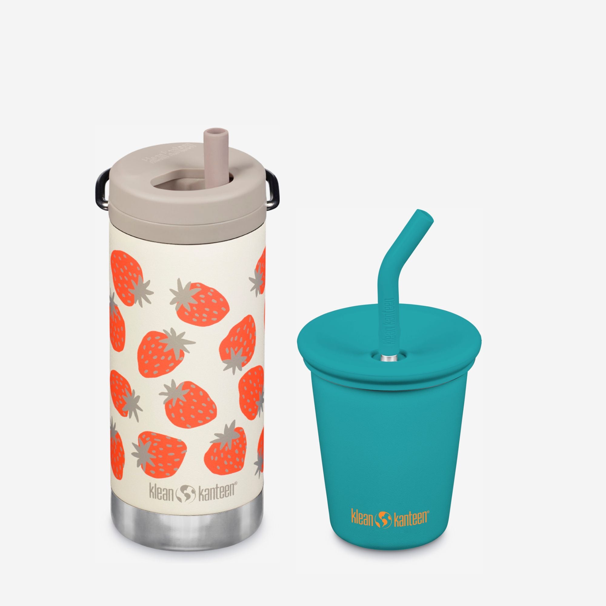 Klean Kanteen insulated bottle with strawberry pattern and teal cup with straw on a white background
