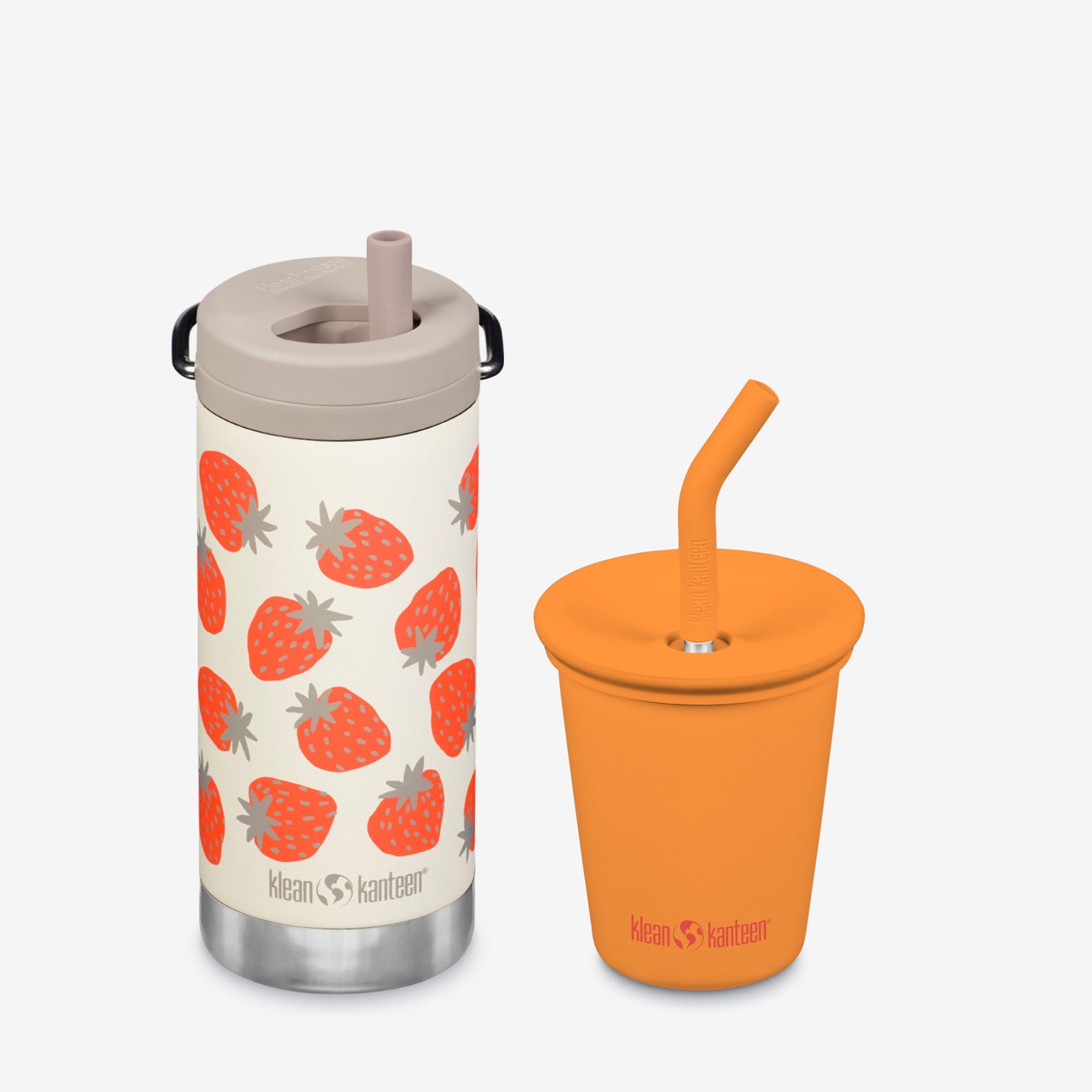 Klean Kanteen insulated bottle with strawberry pattern and orange cup with straw on a white background