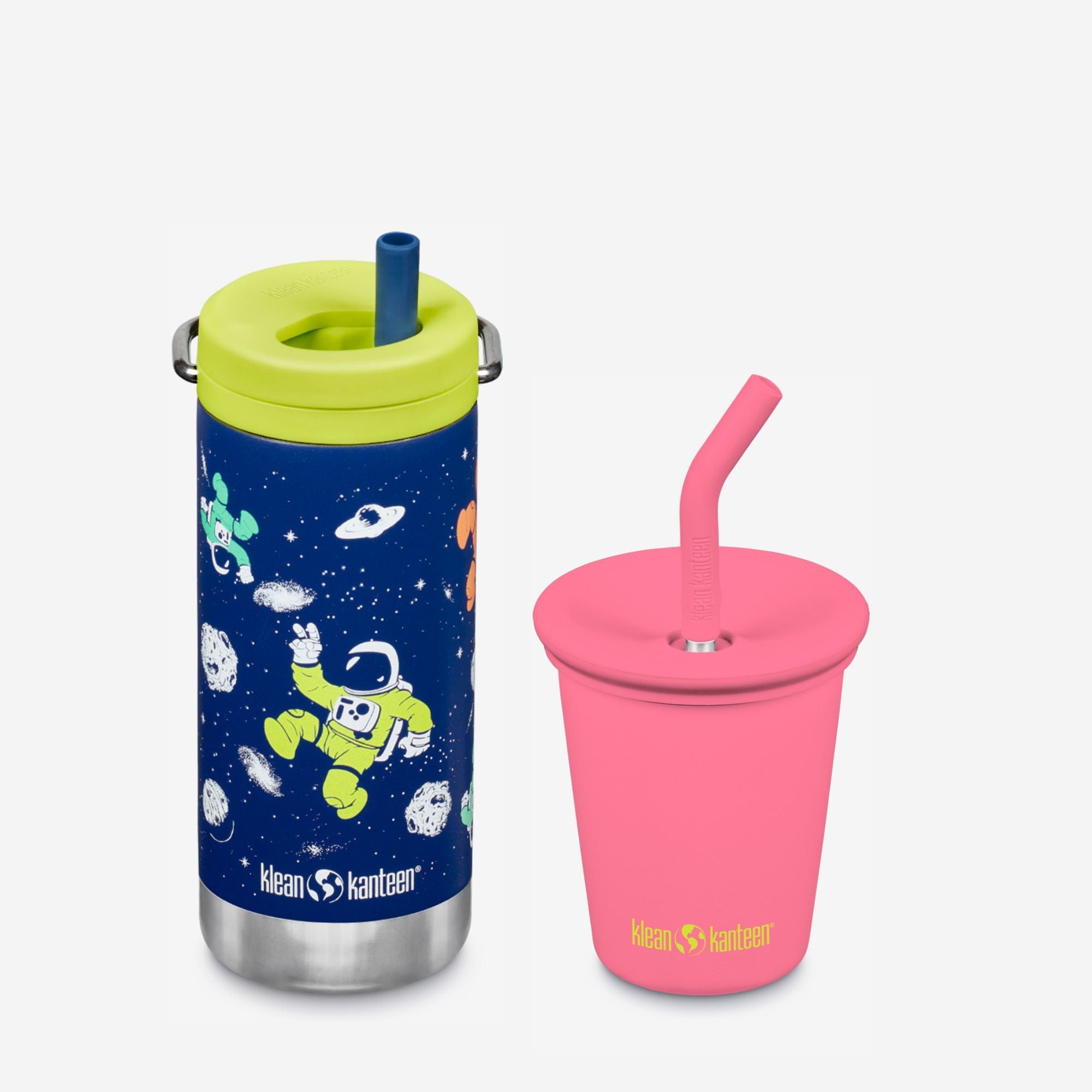 Two children's cups with colorful lids and straws on a white background