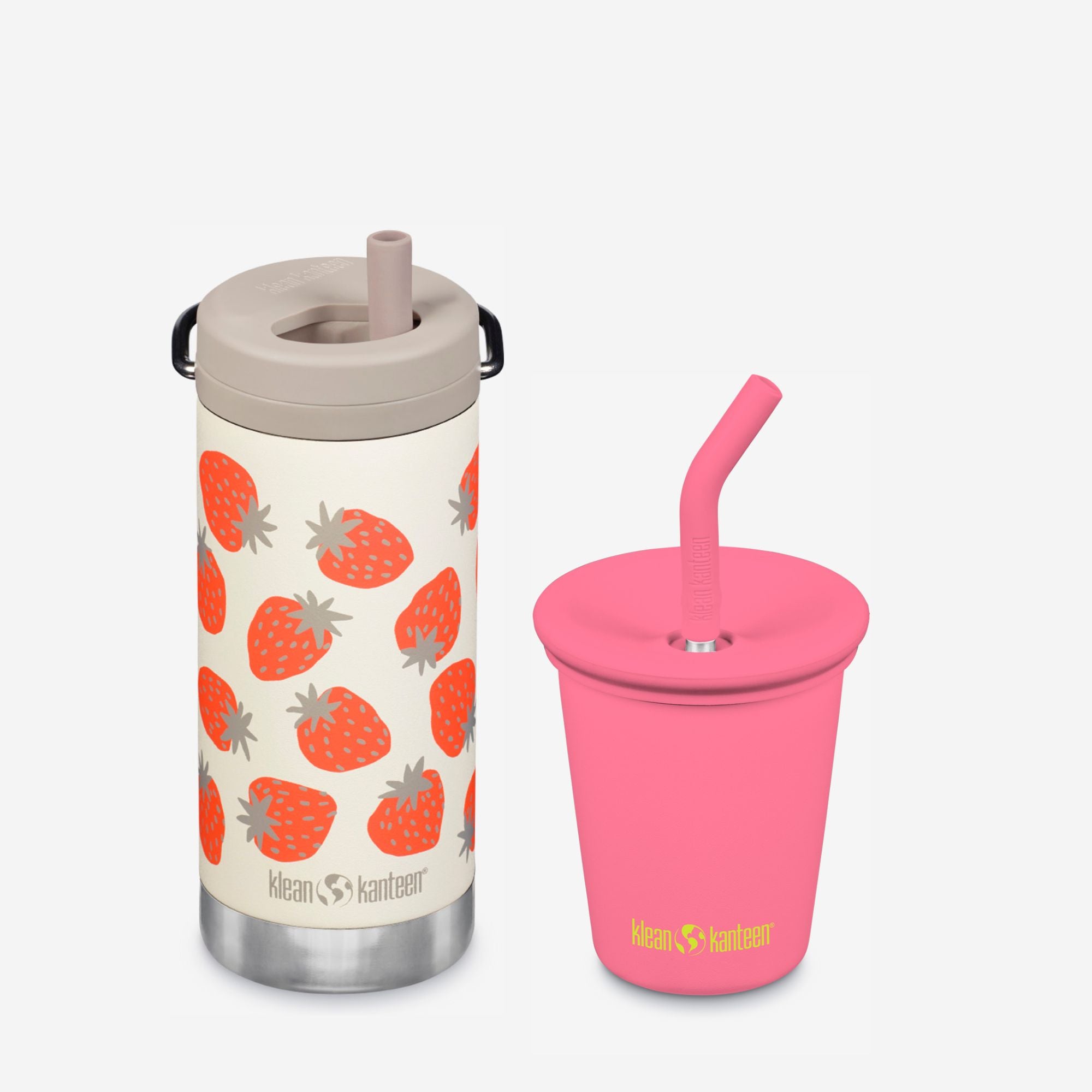 Klean Kanteen strawberry-patterned bottle and pink cup on a white background