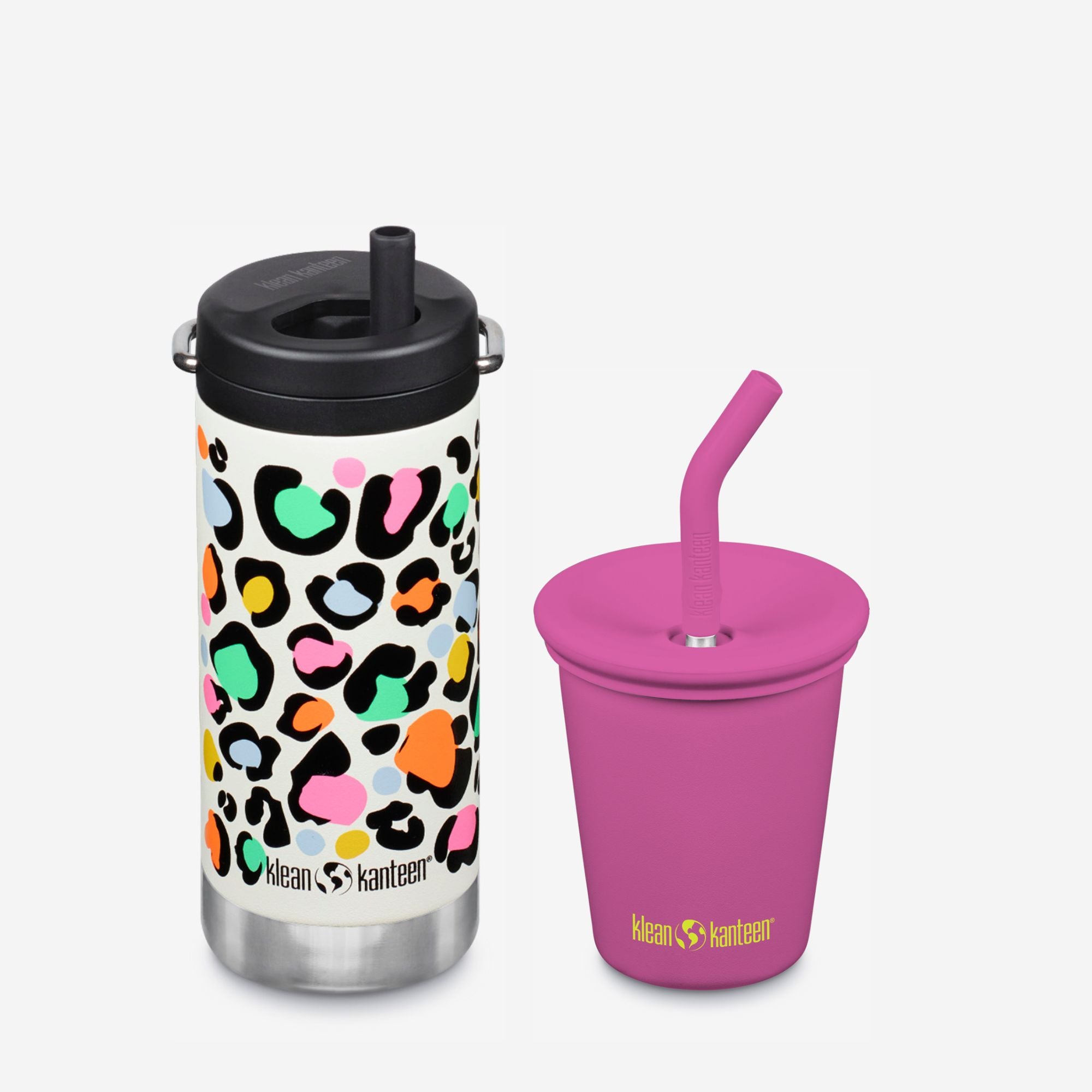 Two reusable cups with colorful leopard print and pink design on a white background