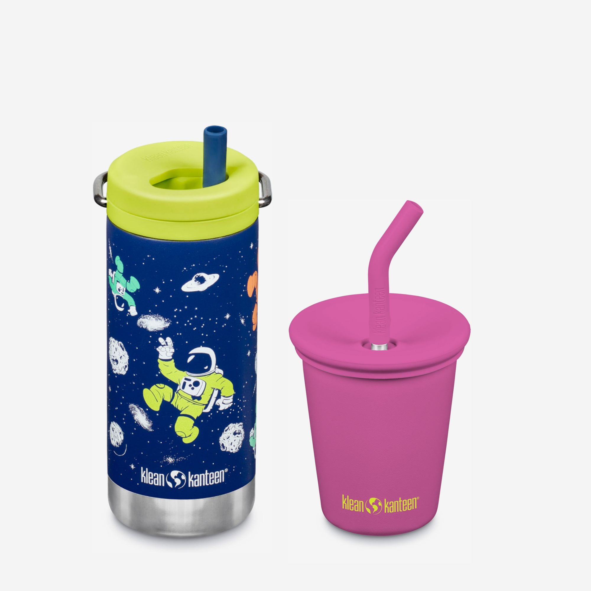 Two children's cups with colorful lids and straws on a white background