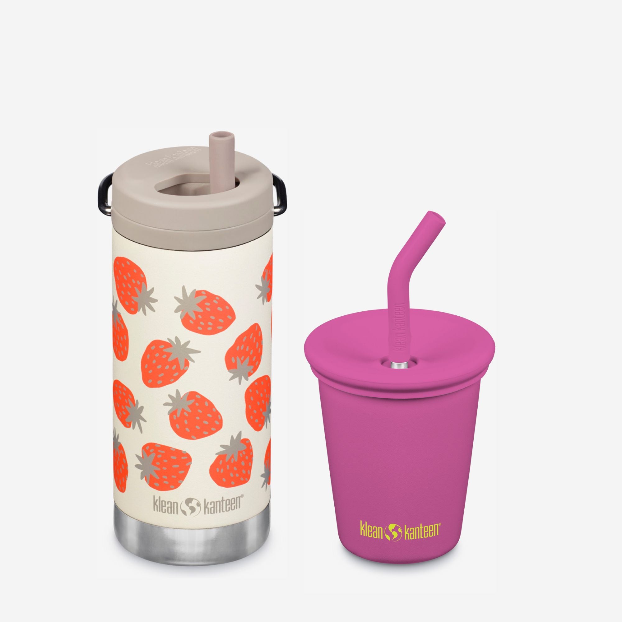 Klean Kanteen strawberry-patterned bottle and pink cup with straw lid on a white background