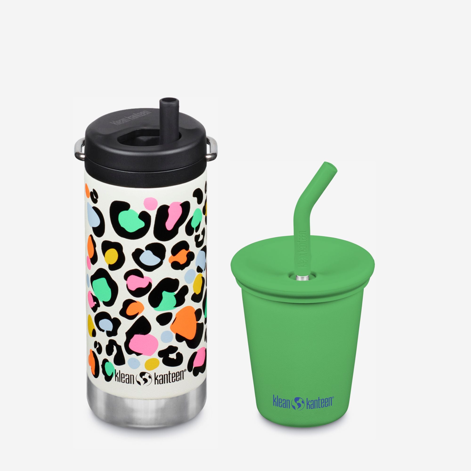 Two reusable cups with colorful leopard print and green design on a white background
