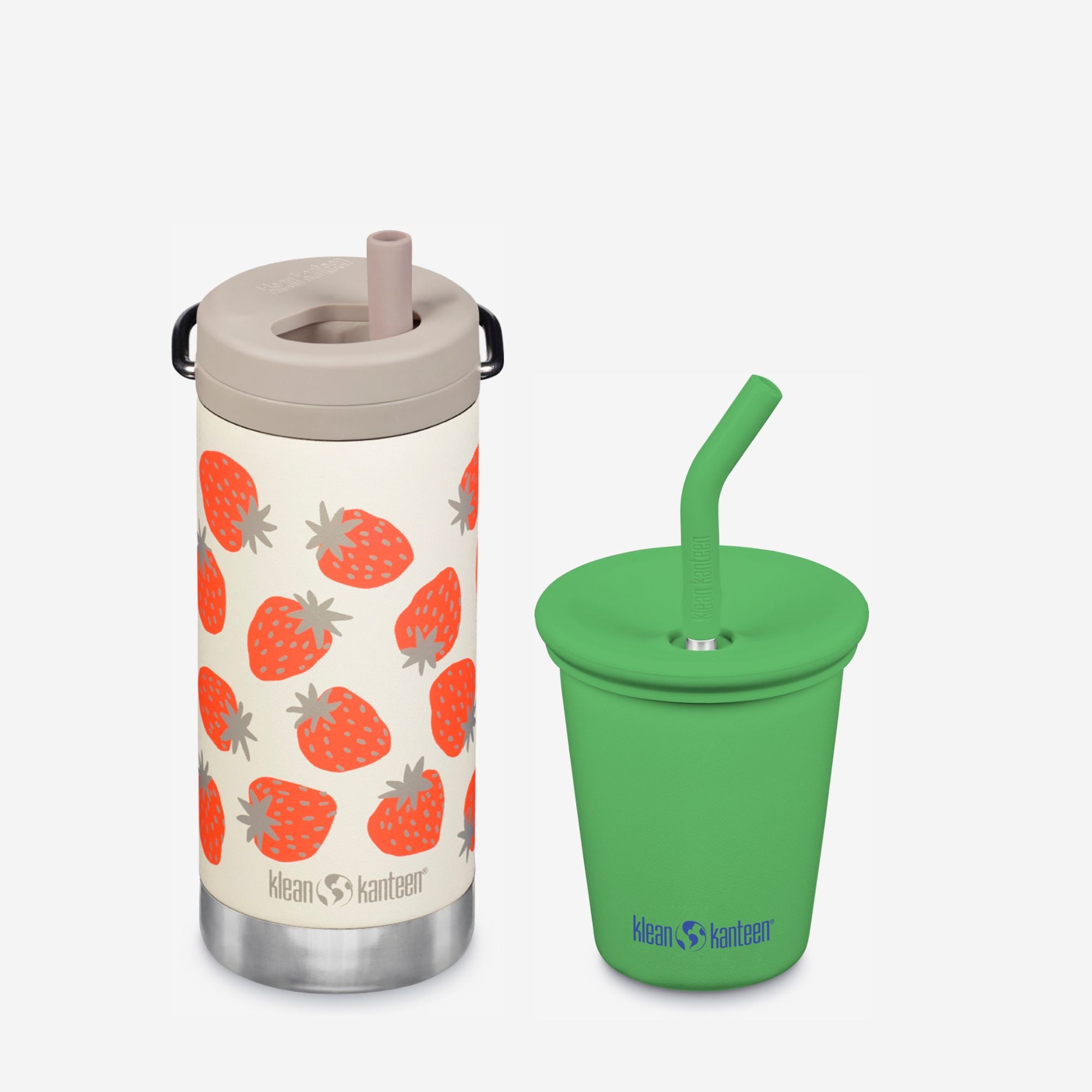 Klean Kanteen insulated bottle with strawberry pattern and green sippy cup on a white background