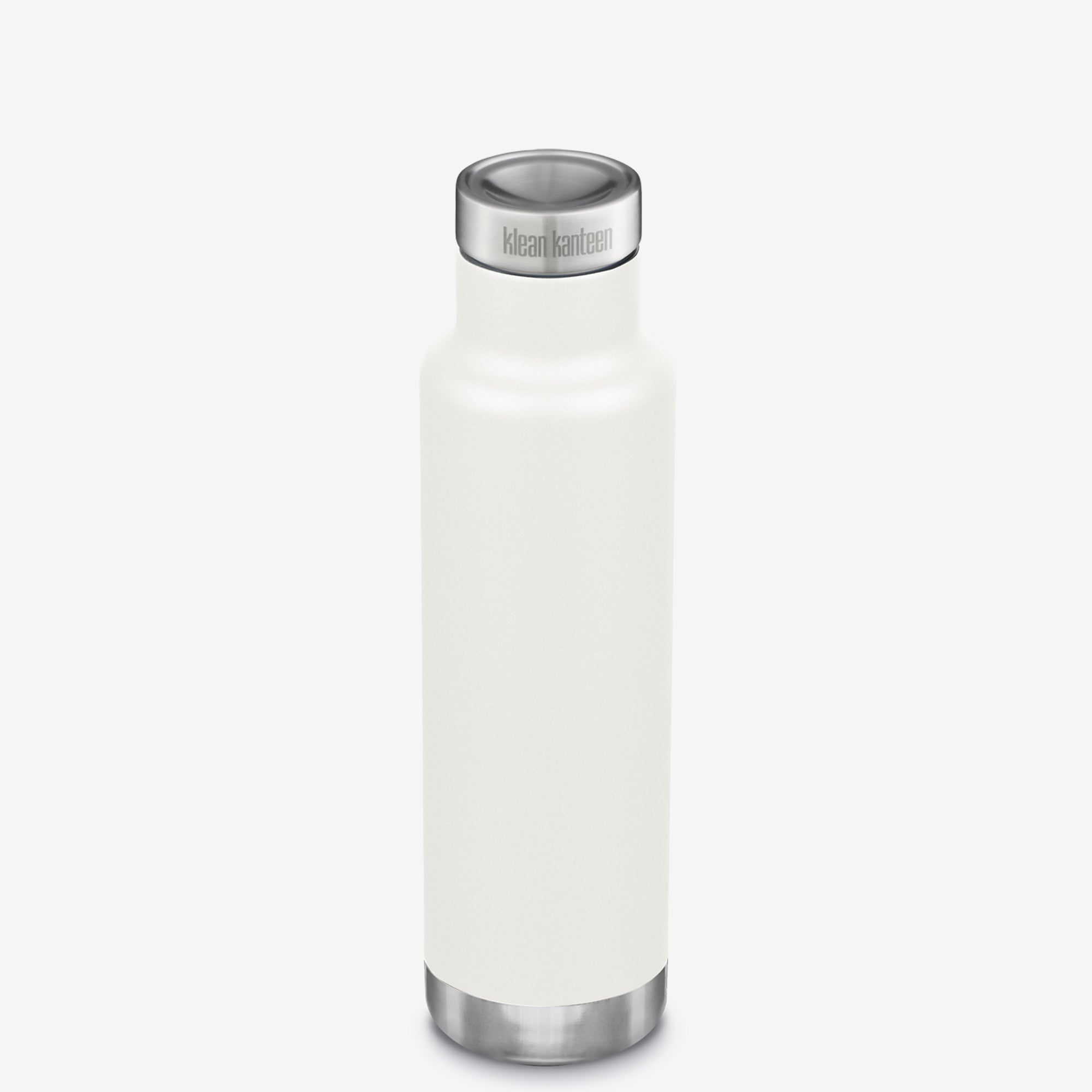 White insulated bottle with silver base and cap on a white background
