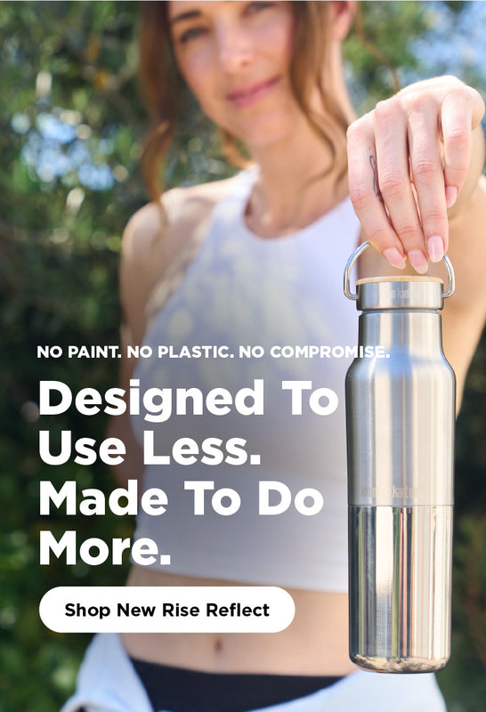 Person holding a stainless steel  reflect water bottle. Shop New Rise Reflect button